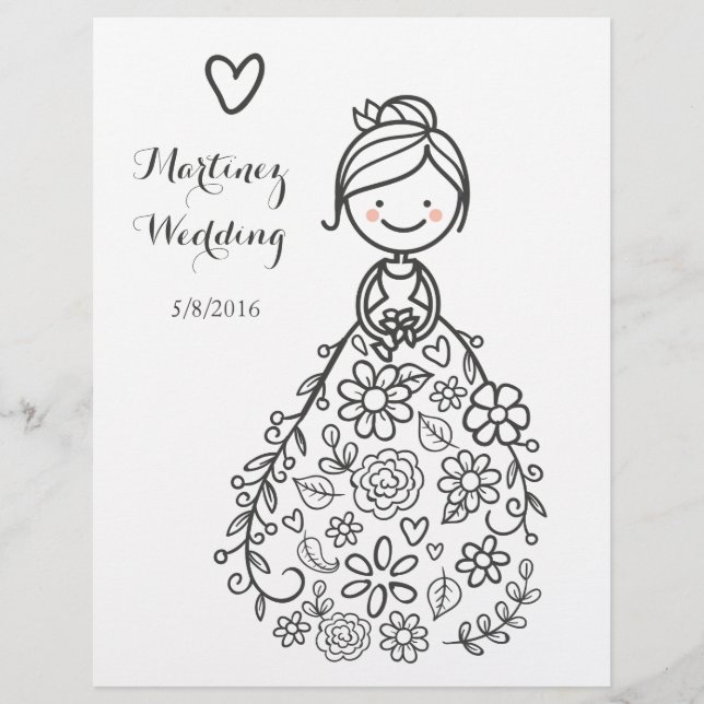 Custom Illustrated Wedding Bride Coloring Page (Front)