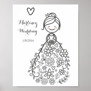 Custom Illustrated Wedding Bride Coloring Page Poster