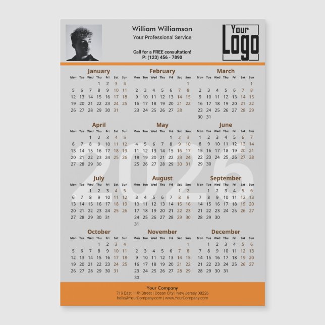 Custom Image Logo Gray Orange 2026 Calendar Magnet (Front)