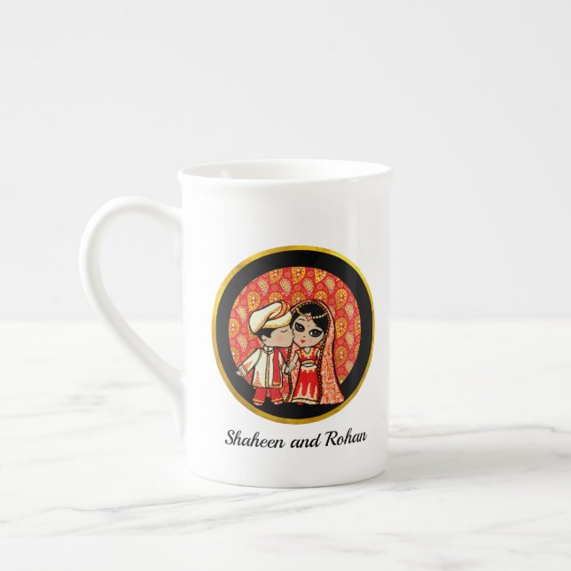 Custom Indian Cartoon Wedding Couple Husband Wife Bone China Mug (Left)