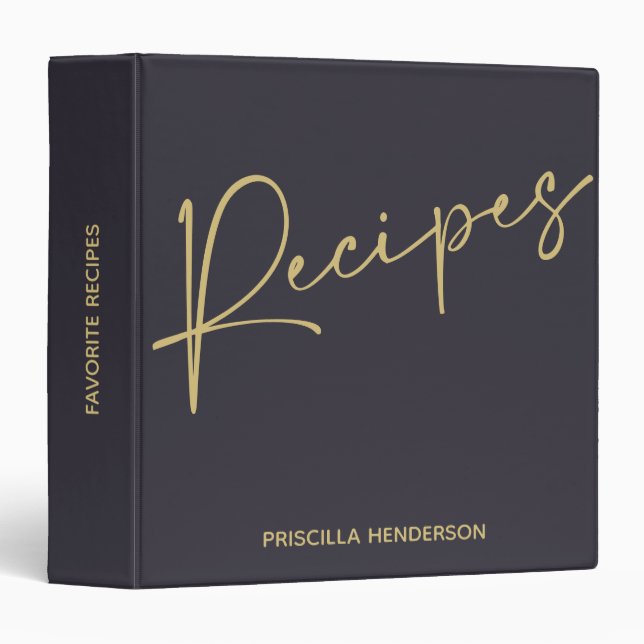 Custom Indigio Gold Script Recipes Book Journal 3 Ring Binder (Front/Spine)