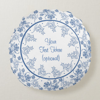 Custom Indigo Blue and White Floral Border Round Pillow