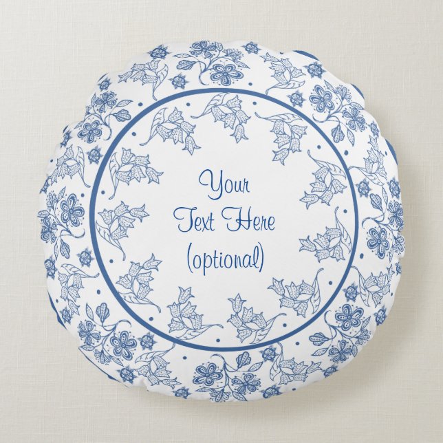 Custom Indigo Blue and White Floral Border Round Pillow (Front)