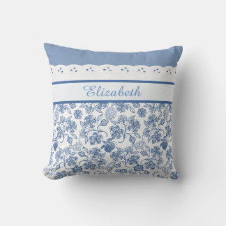 Custom Indigo Blue and White Floral Faux Lace Throw Pillow