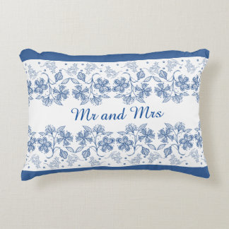 Custom Indigo Blue Floral Border Accent Pillow