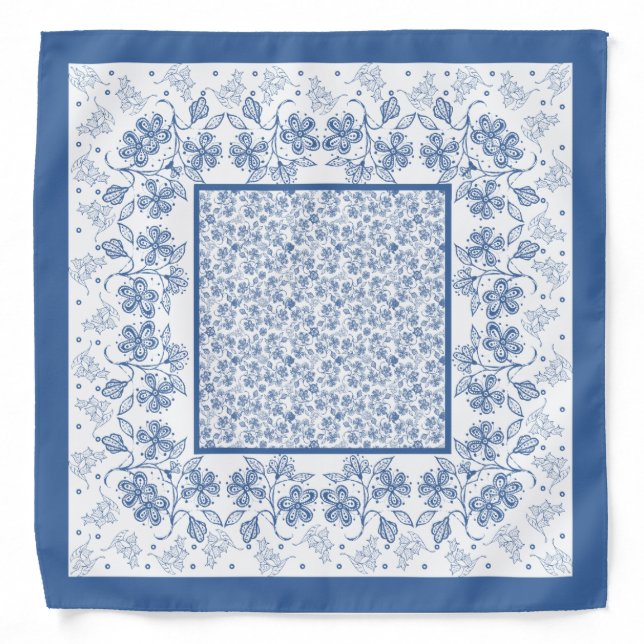 Custom Indigo Blue Floral Border Bandana (Front)