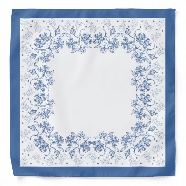 Custom Indigo Blue Floral Border Bandana (Front)