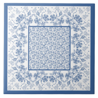 Custom Indigo Blue Floral Border Ceramic Tile