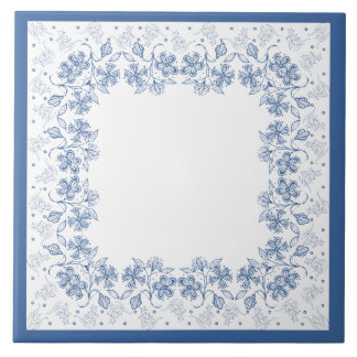 Custom Indigo Blue Floral Border Ceramic Tile