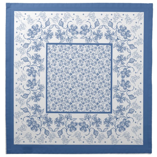 Custom Indigo Blue Floral Border Cloth Napkins (Front)