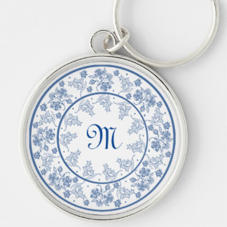 Custom Indigo Blue Floral Border Round Keychain