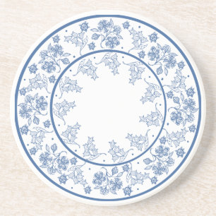 Custom Indigo Blue Floral Border Sandstone Coaster