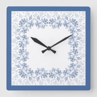 Custom Indigo Blue Floral Border Square Clock