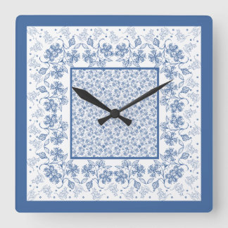 Custom Indigo Blue Floral Border Square Clock