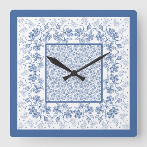 Custom Indigo Blue Floral Border Square Clock