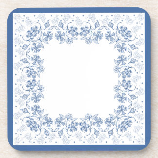 Custom Indigo Blue Floral Border Square Coasters