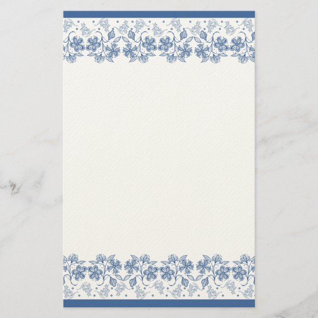 Custom Indigo Blue Floral Border Stationery (Front)