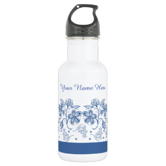 Custom Indigo Blue Floral Border Water Bottle