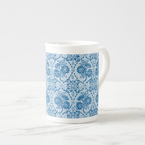 Custom Indigo Blue Floral Faux Lace Pattern Bone China Mug