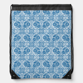 Custom Indigo Blue Floral Faux Lace Pattern Drawstring Bag