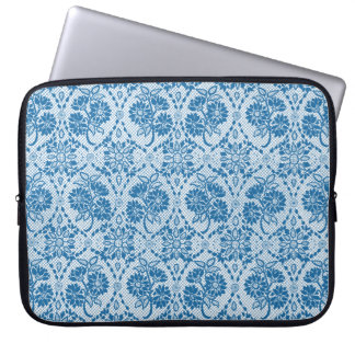Custom Indigo Blue Floral Faux Lace Pattern Laptop Sleeve
