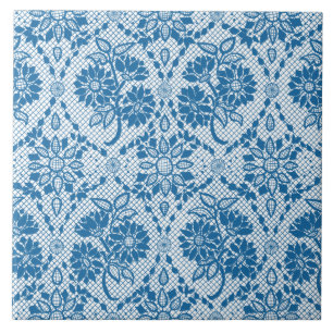 Custom Indigo Blue Floral Faux Lace Pattern Tile