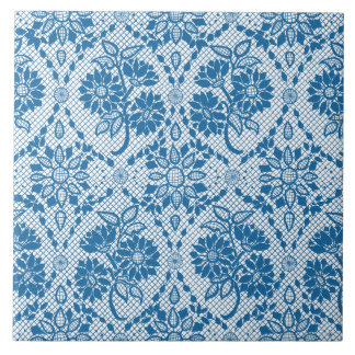 Custom Indigo Blue Floral Faux Lace Pattern Tile