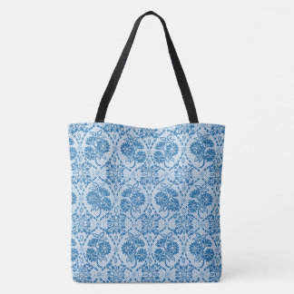 Custom Indigo Blue Floral Faux Lace Pattern Tote Bag