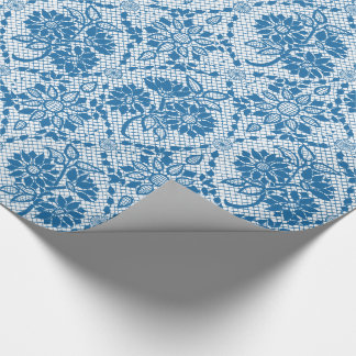 Custom Indigo Blue Floral Faux Lace Pattern Wrapping Paper