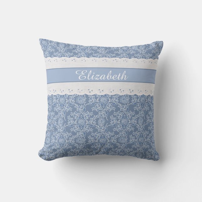 Custom Indigo Blue Floral Faux Lace Throw Pillow (Front)