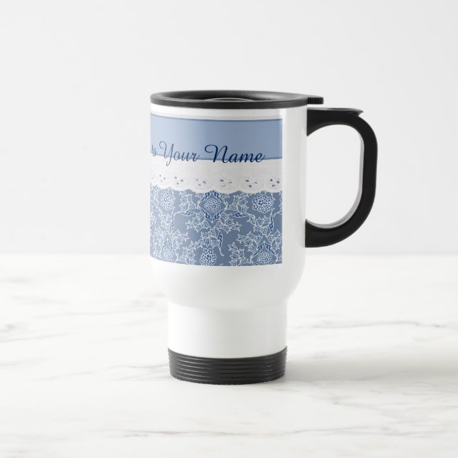 Custom Indigo Blue Floral Faux Lace Travel Mug (Right)