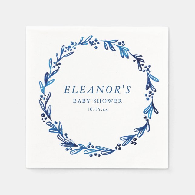 Custom Indigo Blue Ink Botanical Baby Shower Napkins (Front)