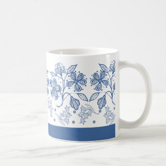 Custom Indigo Blue on White Floral Border Mug