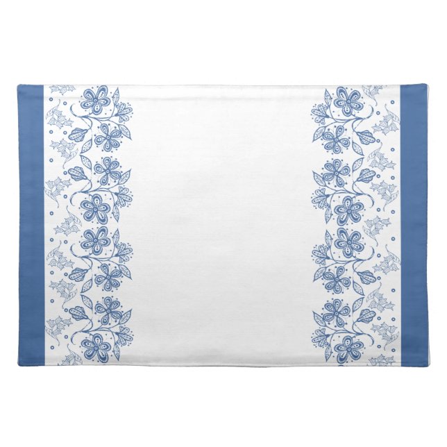 Custom Indigo Blue on White Floral Border Placemat (Front)