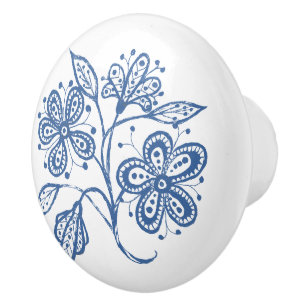 Custom Indigo Blue on White Floral Drawer Knob