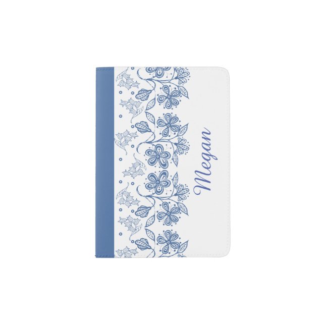 Custom Indigo Blue on White Floral Passport Cover (Front)