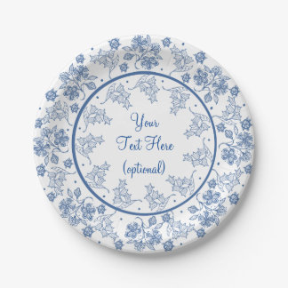 Custom Indigo on White Floral Border Paper Plate