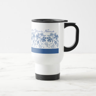 Custom Indigo on White Floral Border Travel Mug
