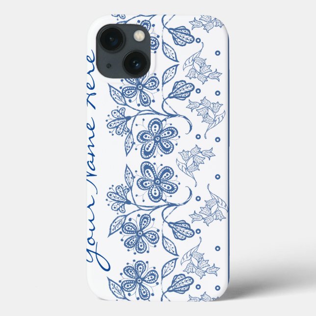 Custom Indigo, White Floral Border iPad Mini Case (Back)