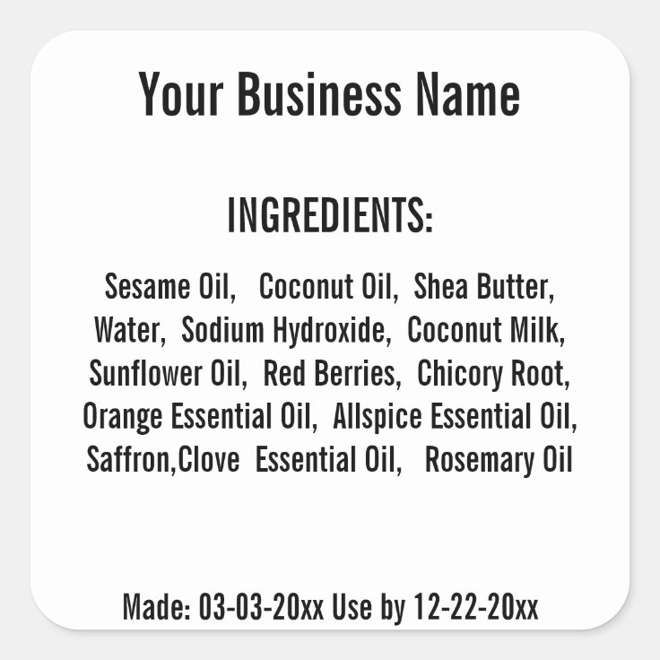 Custom Ingredient List Handmade Soap Skincare Square Sticker | Zazzle
