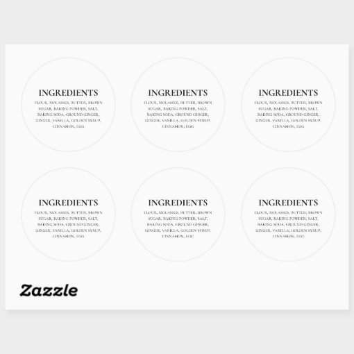 Custom Ingredients Black White Simple Classic Round Sticker | Zazzle