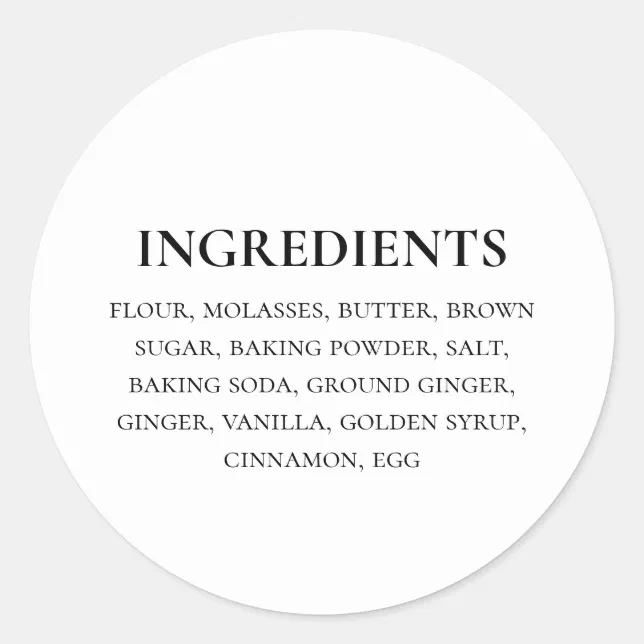 Custom Ingredients Black White Simple Classic Round Sticker | Zazzle