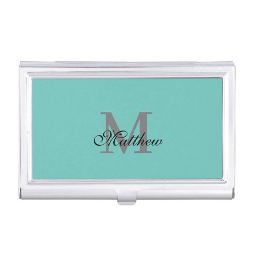 Custom initial and name text teal business card case