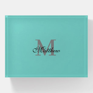 Custom initial and name text teal paperweight