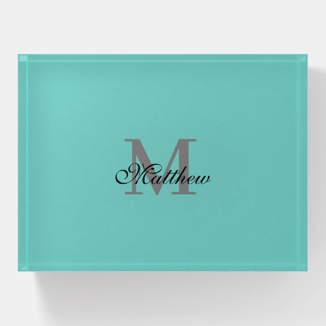 Custom initial and name text teal paperweight (Front)