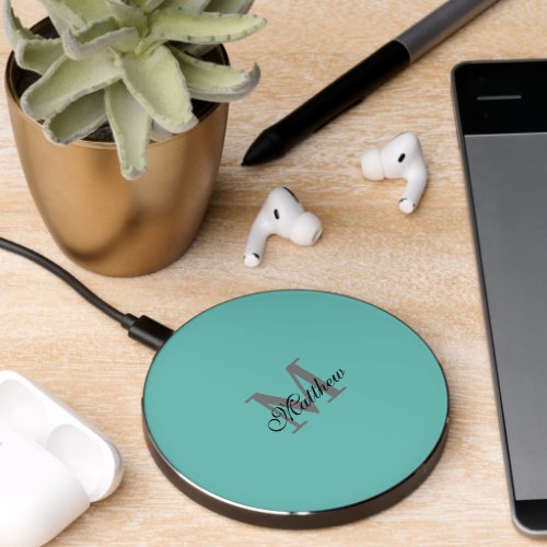 Custom initial and name text teal wireless charger 