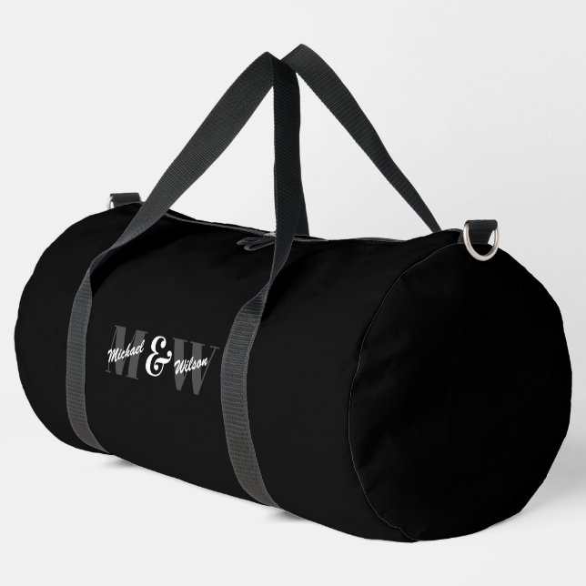 Custom Initial Black and White Monogram Duffle Bag (Left Corner)