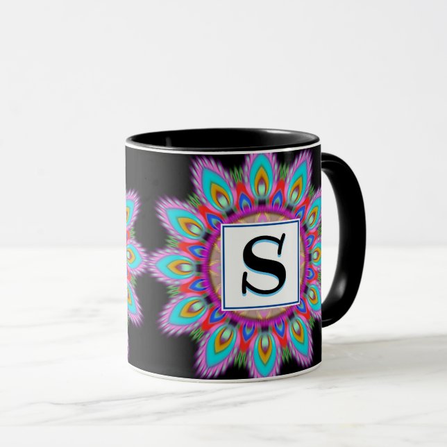 Custom initial black coffee mug Mandala pattern (Front Right)