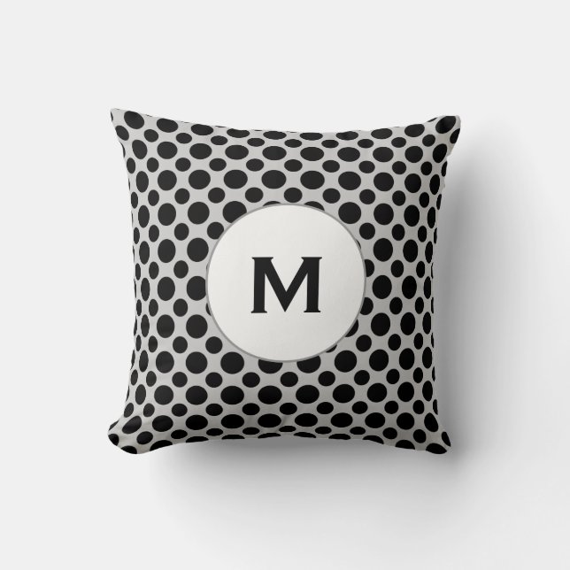 Custom Initial Black Polka Dots on Gray Pillow (Front)