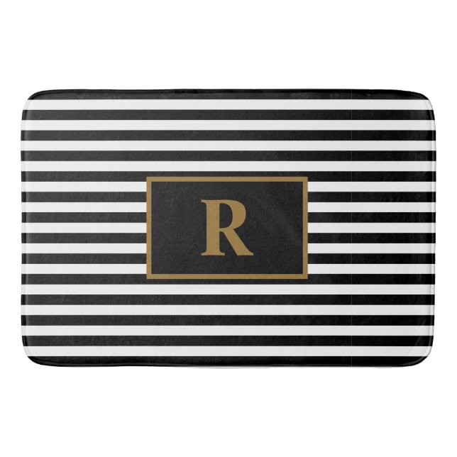 Custom Initial Black/White Stripes Bath Mat (Front)